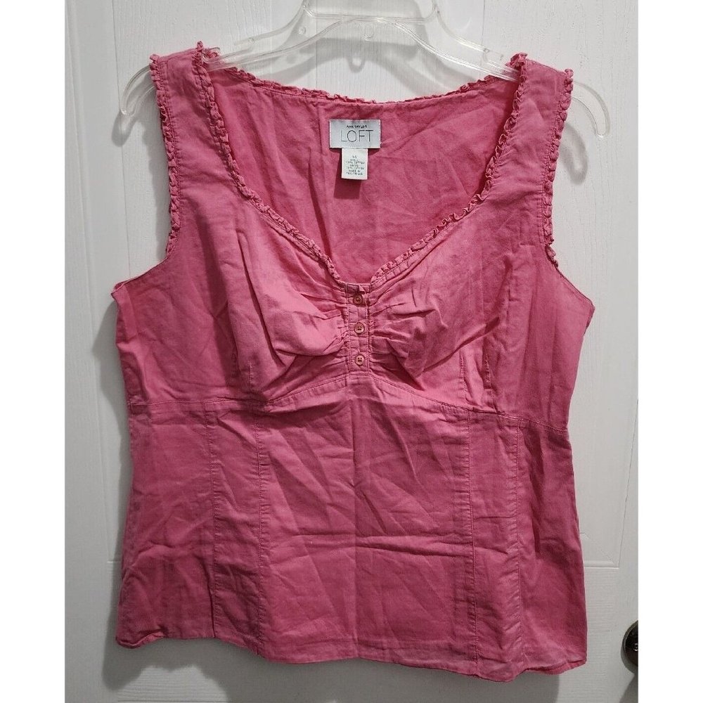 Loft Women Sleeveless Blouse Tank Top Ruffle Trim‎ Button Neck Pink Size 14